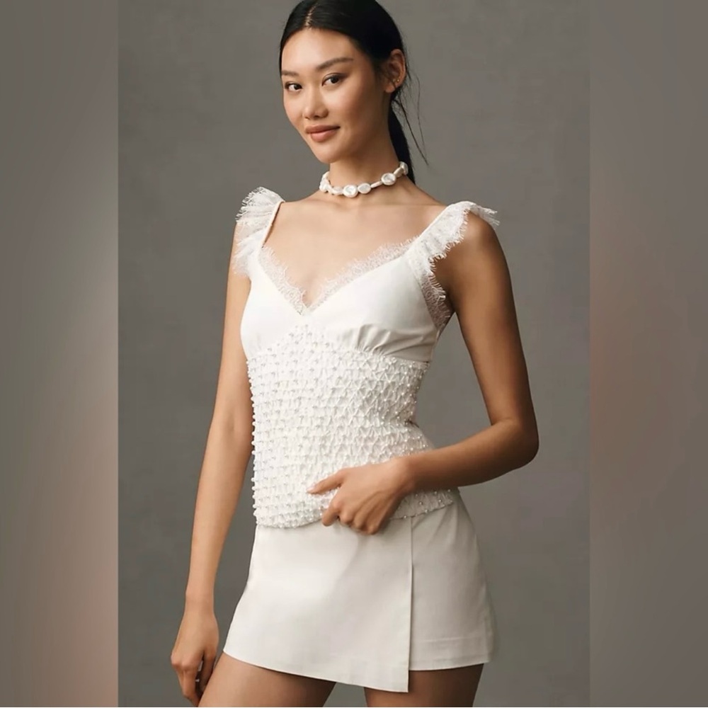ANTHROPOLOGIE Forever That Girl Pearl-Embellished Ruched Tank NWT Size Large